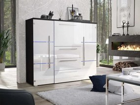 KOMODA BEATE LED BIELA + ČIERNY KORPUS VYSOKÝ LESK 136 cm
