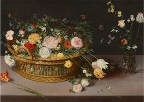 Sklenený obraz - Jan Brueghel the Elder, Flowers in a Basket and a Vase, reprodukcia (70x50 cm)
