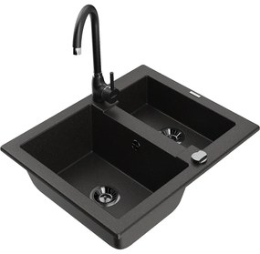 Mexen Carlos, granitový drez 582x475x177 mm, 1,5-komorový a čierna drezová batéria Telma, čierna - zlatá metalíza, 6518-75-670200-70-B