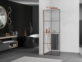 Mexen Kioto+ L, sprchová zástena Walk-In s poličkou a vešiakom 80 x 200 cm, 8mm číre sklo čierny vzor, medený matný profil, 800-080-123-65-77
