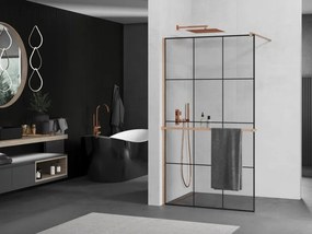 Mexen Kioto+, sprchová zástena Walk-In s poličkou a vešiakom 120 x 200 cm, 8mm číre sklo čierny vzor, medený matný profil, 800-120-121-65-77