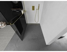 Mexen Kioto+ L, sprchová zástena Walk-In s poličkou a vešiakom 100 x 200 cm, 8mm šedé sklo, zlatý lesklý profil,800-100-123-50-40