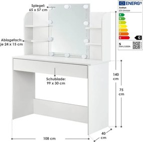 Toaletný stolík s LED osvetlením a zrkadlom, biely