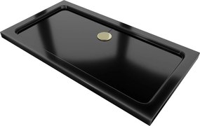 Mexen Flat, akrylátová sprchová vanička 130x70x5 cm SLIM, čierna, zlatý sifón, 40707013G