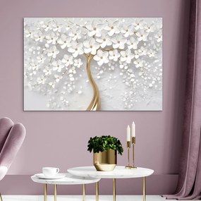 DUBLEZ | Drevený obraz - Zlatý strom s bielymi kvetmi