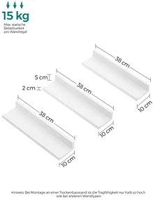 Nástenné police, 3ks, 5x38x10cm, lesklé biele