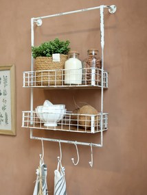 Krémová antik kovová nástenná polička s háčikmi Old Shelf - 48*18*77 cm