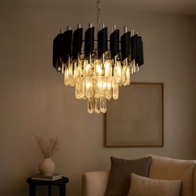 Luster na reťazi CRISTAL 5xE14/10W/230V, priemer 38 cm, čierna / matný chróm