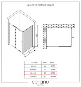 Cerano Varone, pevná sprchová stena 90x195 cm, 6mm číre sklo, čierny profil, CER-CER-DY505B-90-195-SG