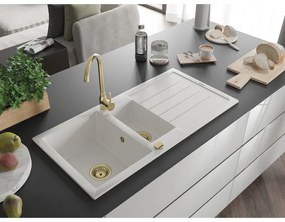 Mexen Andres 1,5-komorový granitový kuchynský drez s odkvapkávačom 100x50 cm a kuchynská batéria Telma, biela, 6515-20-670200-50