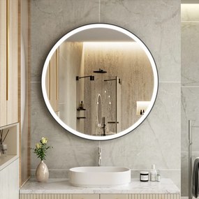 Erga Olivia, okrúhle LED zrkadlo 100cm, čierny kovový rám, 2300 lm, 6500K, predné osvetlenie, ERG-V01-202-1010-BK