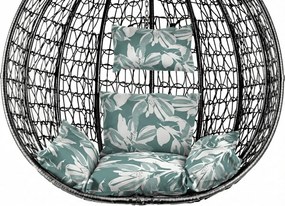 Čierne závesné kreslo KOKON bez stojana, zeleno-biely vankúš