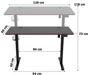 Výškově nastavitelný elektrický herní stůl  SHADOW GAMER 2.0 LED RGB 120 cm černý