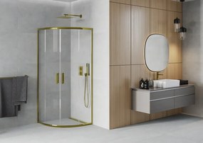 Mexen Rio, štvrťkruhový sprchovací kút s posuvnými dverami 80(dvere) x 80(dvere) x 190 cm, 6mm číre sklo, zlatý profil, 863-080-080-50-00