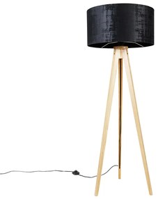 Stojaca lampa drevená s látkovým tienidlom čiernym 50 cm - Tripod Classic