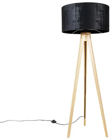Stojaca lampa drevená s látkovým tienidlom čiernym 50 cm - Tripod Classic