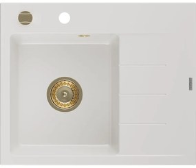 Mexen Ben, 1-komorový granitový drez 600x500x190 mm, ľavý + zlatý sifón, biela, 6522605000-20-G