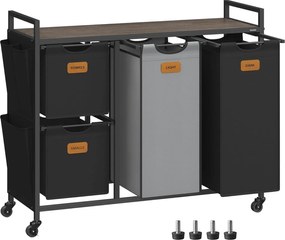 Kôš na bielizeň so 4 priehradkami, 150 l triedič prádla, čierno-sivý