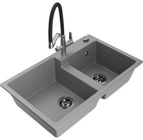 Mexen Tomas, 2-komorový granitový drez 800x500x190 mm a kuchynská batéria Duo, šedá, 6516-71-671701-07-B