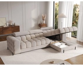 Béžová zamatová rozkladacia/s úložným priestorom rohová pohovka (pravý roh/s leňoškou) Felro – ELTAP