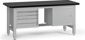 Pracovný stôl do dielne G4 so závesným boxom a skrinkou na náradie, MDF + PVC doska, 4 zásuvky, 1 skrinka, 1800 x 750 x 800 mm, sivá