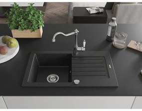 Mexen Pablo, granitový drez 752x436x161 mm, 1-komorový a drezová batéria Carla, čierna-strieborná metalíza, 6510-73-670700-00