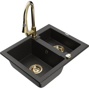 Mexen Carlos, 1,5-komorový granitový drez 582x475x177 mm a drezová batéria Elia, čierna-zlatá metalíza, 6518-75-670101-50