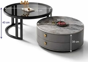 LuxuryForm DESIGN Konferenčný stolík ORION 70 × 70 / 50 × 50 cm – sivý / biely mramor + sklo (set 2 ks)
