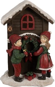 Hnedá vianočná dekorácia svietiaci domček s deťmi - 13*10*20 cm