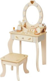 Veľká drevená toaletka ELLY pre deti s LED svetlom a taburetkou natural