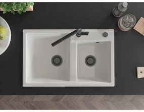 Mexen Tomas, 2-komorový granitový drez 800x500x190 mm a drezová batéria Flora, biela, 6516-20-670401-70-B
