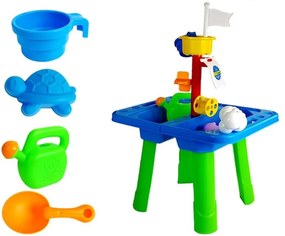 LEAN TOYS Stolík s pieskoviskom + formičky, lopatky, krhla