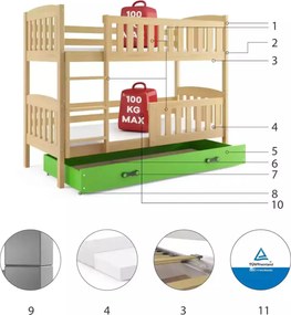 Poschodová posteľ KUBO 190x90 | borovica - zelená