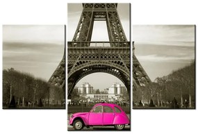 Obraz Eiffelovej veže a ružového auta (90x60 cm)
