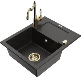 Mexen Enzo, granitový drez 576x465x174 mm, 1-komorový a drezová batéria Carla, čierna-zlatá metalíza, 6506-75-670700-50