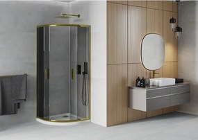 Mexen Rio, štvrťkruhový sprchovací kút s posuvnými dverami 80(dvere) x 80(dvere) x 190 cm, 6mm šedé sklo, zlatý profil + biela sprchová vanička SLIM, 863-080-080-50-40-4110G