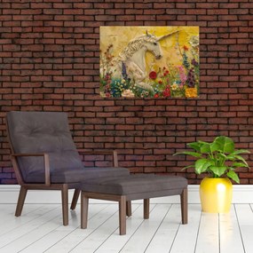 Sklenený obraz - Jednorožec s kvetinami (70x50 cm)