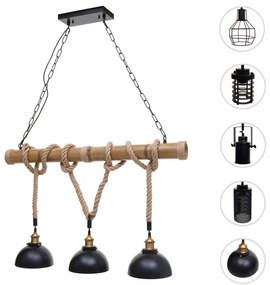 Závesné svietidlo H82 industrial, kupola 3 74201 - kov / bambus - Čierna