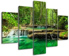 Gario Obraz s hodinami Vodopád Erawan v Thajsku - 5 dielny Rozmery: 150 x 105 cm