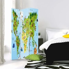 Ozdobný paraván, Mapa světa pro děti - 110x170 cm, trojdielny, obojstranný paraván 360°