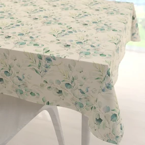Biante Ľanový štvorcový dekoračný obrus LEN-010 Modrozelené listy eukalyptu na režnom 130x130 cm