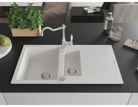 Mexen Matias, granitový drez 900x505x200 mm, 1,5-komorový a drezová batéria Carla, biela, 6502-20-670700-00