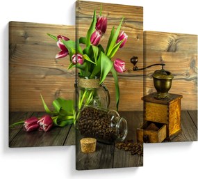 Obraz - tulipány, mlynček a káva (90x60 cm)