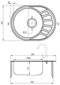 Deante Komplet, nerezový drez na dosku 1-komorový 580x450x175 3,5" + drezová batéria s ramenom typu "F" + sifón, vzor satén, ZSTA011C