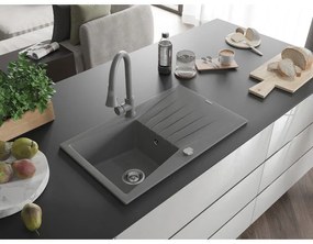 Mexen Cesar, 1-komorový granitový drez 775x470x190 mm a drezová batéria Elia, šedá, 6514-71-670101-71