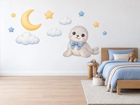 Plyšový tuleň s mesiačikom hviezdne uspávacie textilné nálepky na stenu do detskej izbičky pre chlapčeka hárok 46 x 34 cm