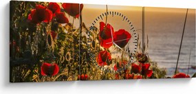 Obraz západu slnka s vlčími makmi (s hodinami) (90x30 cm)