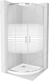 Mexen Rio, štvrťkruhový sprchovací kút s posuvnými dverami 80 x 80 cm, 6mm číre sklo/pásy, chrómový profil + biela sprchová vanička, 863-080-080-01-20-4110