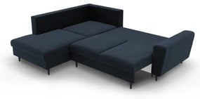 Tmavomodrá zamatová rozkladacia/s úložným priestorom rohová pohovka (ľavý roh/do L) Kyoto – Cosmopolitan Design