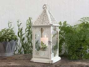 Krémová antik kovová lampáš so zdobením French - 18*18*43 cm